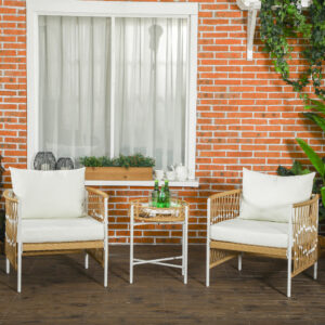 Sæt med 3 havemøbler i rattan med 2 havestole og sofabord, balkonmøbler med hynder, til balkon og terrasse, gul og creme