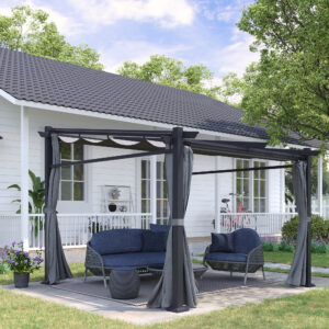 Pergola 2,97 x 2,95 m, Vandafvisende Pavillon med Soltag, Sidepaneler, Terrasseoverdækning, Polyester, Mørkegrå