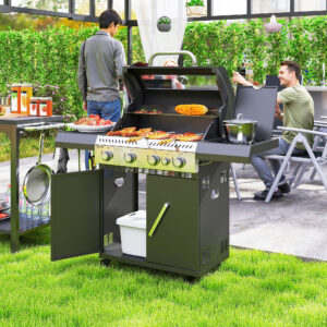 Gasgrill 12 KW Grillvogn inklusive 5 brændere, sidekoger, rulle, trykreducer, låg, gasslange, 2 varmezoner, termometer, sidehylder, BBQ havegrill til altan, grill 135 x 54 x 110 cm