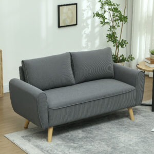 To-personers sofa med 2 hynder, polstret sofa med 54 cm ekstra dybe sæder, dobbeltsofa i corduroy, lille sofa med træstel, 2-personers sofa til stue, soveværelse, kontor, 145 x 75 x 78 cm, mørkegrå