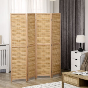 4-delt foldeskærm, rumdeler, 160 x 170 cm skillevæg, foldbar privatlivsskærm, rumdeler lavet af bambus, privatlivsskærm til stue, soveværelse, naturlig