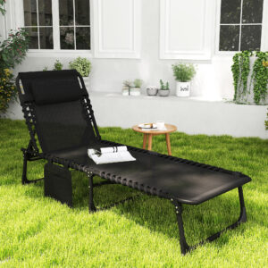 Chaiselong foldbar solseng med justerbar ryglæn, 5 positioner, aftagelig nakkestøtte, sidelomme, tekstilbetræk, stålramme, 185 x 58 x 30 cm, sort