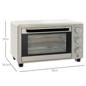 Miniovn med rotisserie, lille 21 L brødristerovn med 1 rist og 1 bageplade, 3 tilberedningstilstande, 100°C-230°C, rustfrit stål, glas, cremehvid