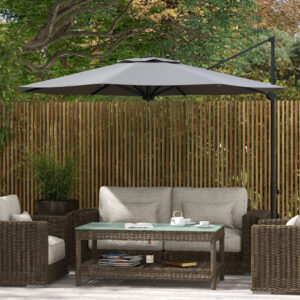 Fritstående parasol Ø3 m med håndsving, vipbar markedsparasol, roterende haveparasol til altan og terrasse, metal, mørkegrå