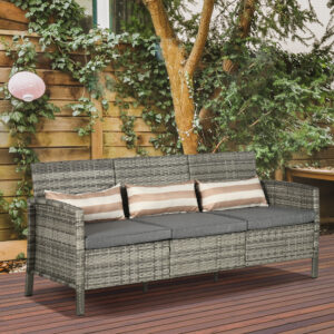 Rattan haveloungesofa tre-personers med hynder, stålstel, grå, 173 x 68 x 78 cm, ideel til terrasse og altan