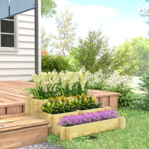 Højbed i træ 93x93x35cm, vejrbestandig, 3-lags blomsterkasse med stofforing, opdelt planteområde, plug-in design, naturlig