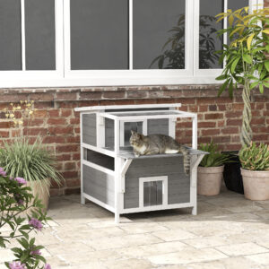 Kattehule, Kattehytte af Grantræ, Kattehus med Balkon, Indgange, til Katte op til 5 kg, Udendørs, 64 x 87 x 76 cm, Lysegrå