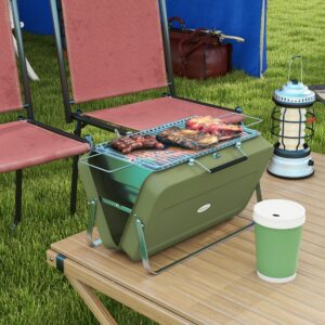 Bordgrill Kulgrill med Kulbakke, Grillrist og Håndtag til Picnic og Haver, Rustfrit Stål, Grøn