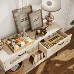 Sæt med 2 opbevaringskurve, flettede vandhyacintkurve til opbevaring og organisering, til stue, køkken, soveværelse, 36 x 26 x 5 cm, naturtræ