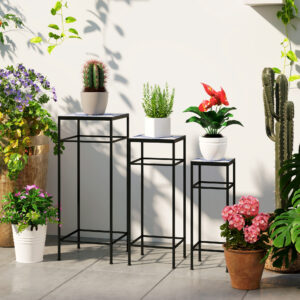 Sæt med 3 plantestativer, 71 cm høj indendørs blomsterstativ, metal plantehylde, 3 blomsterhylder i forskellige størrelser, blomsterskammel, blomsterpottestativ til stue, have, balkon, blå + hvid