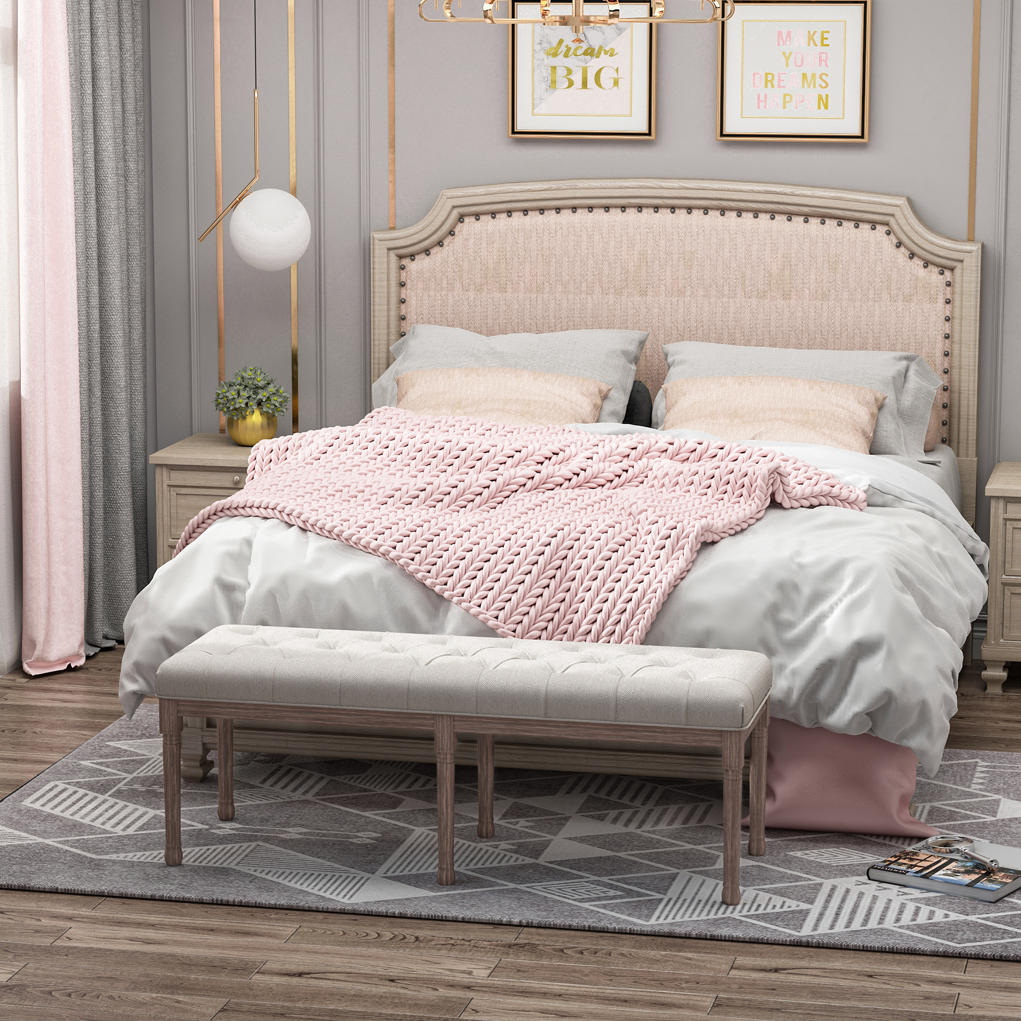 Polstret Lounge-skammel Vintage Retro med Knapper Hørtræ Beige 142x47x51cm til Stue og Entre