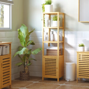Badeværelsesskab med 3 åbne rum lavet af bambus, toiletskab natur 36x33x140cm for optimal opbevaring