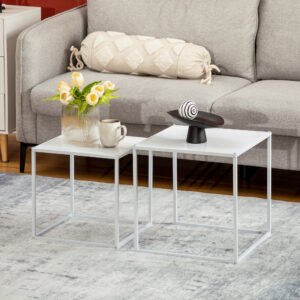 Sæt med 2 sofaborde, firkantet sidebord, sofabord med stålramme, sofabord i moderne design, til stue, lasteevne op til 10 kg, hvid