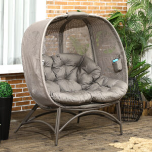 2-personers Papasan havestol med foldbar kurv og hynder, loungestol til altan og terrasse, stål i sand, 126 x 75 x 142 cm