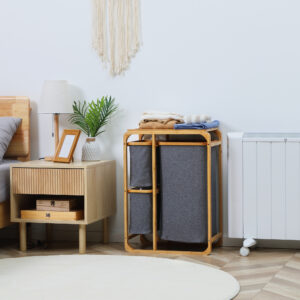 Vasketøjskurv med Platform, Bambus Vasketøjskurv med 3 Aftagelige Vasketøjsposer, Vasketøjssortering, Grå+Natur, 50x32x69,7cm