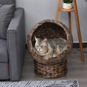 Rattan kattekurv, hyggelig kattehule lavet af vandhyacint, mørkebrun, 50x42x60cm, ideel til stuen