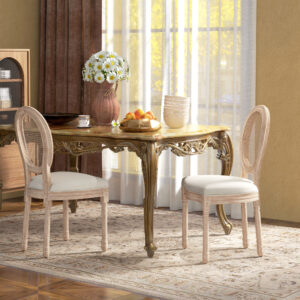 Spisestolesæt med 2 køkkenstole med ryglæn, hør- og rattan-look, træben, cremehvid