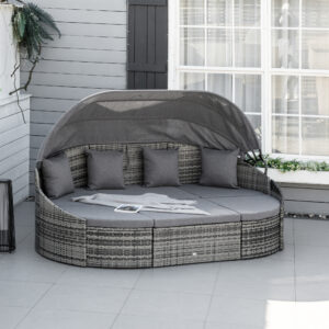 Rattan solø 4-delt med soltag og siddegruppe, 4 hynder, metalgrå, 230 x 145 x 80 cm til have og terrasse
