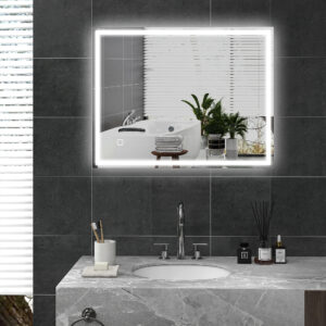 Badeværelsesspejl med Belysning 90x70 cm LED Spejl Vægspejl med Memory-funktion 3 Lysfarver Dugfrit Belyst Spejl med Touch Switch Sølv