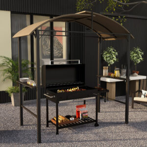 BBQ Grillpavillon 1,1 x 2,3 m Vejrbestandig med polyestertag og sidehylder til grill op til 100 cm Stål Khaki