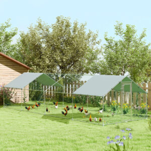 Hønsehus til fritgående hønsegårde i stål, 300 x 800 x 195 cm hønsebur med UV-bestandigt overtræk, foderlem, hængende foderautomat, siddepind, hønsegård til 24-30 høns, små dyr, sølv