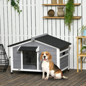 Hundebur lavet af fyrretræ, vejrbestandigt hundehus med åbningsbart asfalttag og aftageligt gulv, grå, 109 x 79 x 72 cm, til store hunde
