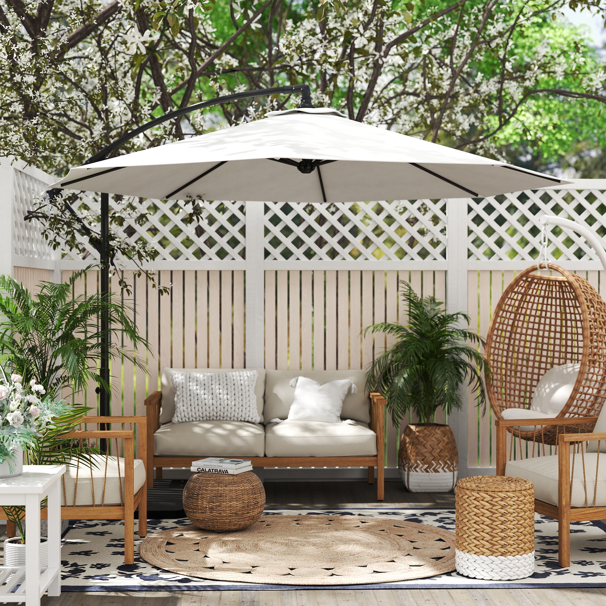 Cantilever parasol med håndsving, rund, 300 cm, stålbuer og stålstænger, cremefarvet polyesterstof, ideel til terrasse og have