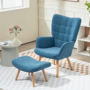 Lænestol med skammel, Wingback-stol med høj ryg, træben, Loungestol med tuftet design, fløjlslook, til stue, blå