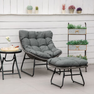 Rattan Afslapningsstol med Fodskammel, Udendørs Rattanstol med Hynde, Stål & Polyester, Grå, 69x76x70 cm til Have & Terrasse