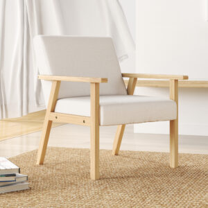 Loungestol med armlæn, Spisestol, Afslappende stol i linnedlook, Polstret stol til stue, soveværelse, massivt træstel, 64 x 70 x 72 cm, Cremehvid