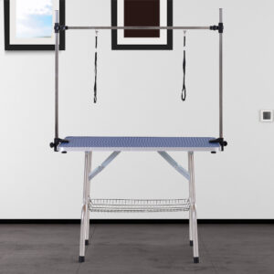 Højdejusterbart trimmebord med foldbar nederste kurv til hunde, rustfrit stål, blå, 107 x 60 x 170 cm, ideel til pelspleje