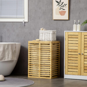 Bambus Vasketøjskurv med 63 L Vasketøjsopsamler med Låg, Aftagelig Vasketøjspose, Stang, Vasketøjskurve Vasketøjsboks til Vaskerum, Soveværelse, Badeværelse, Naturtræ