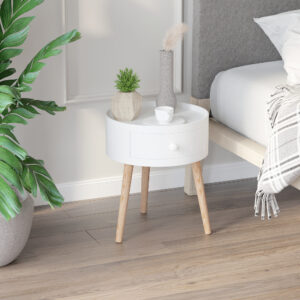 Sofabord med skuffe, rundt sidebord, sofabord, lasteevne op til 50 kg, 38 x 38 x 45 cm, i hvid til stue og soveværelse