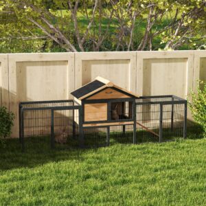 Kaninbur 2 Etager med Gadeltag Kaninbur Lavet af Massivt Træ Vintersikkert To-etagers Hus med Udendørs Løbegård 217x53x86 cm Kaninbur Udendørs Smådyrsbur til Kaniner Gul