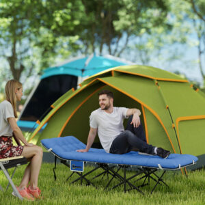 Sammenklappelig feltseng med madras, pude, sidelomme, 190 x 65 x 37 cm, camping liggestol til voksne, gæsteseng op til 150 kg, sammenklappelig seng til udendørs, have, camping, rejser, mørkeblå
