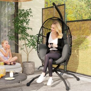 ægformet udendørs hængestol, foldbar hængegynge med kopholder, aftageligt vaskbart sæde, stel, hængekøje til 1 person, gyngestol til terrasse, have, sort