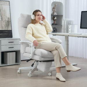 Kontorstol Ergonomisk Skrivebordsstol med Lændestøtte, Høj Ryglæn, Fodstøtte, Højdejusterbar Drejestol med Hørlook, Polstret Computerstol, Cremehvid