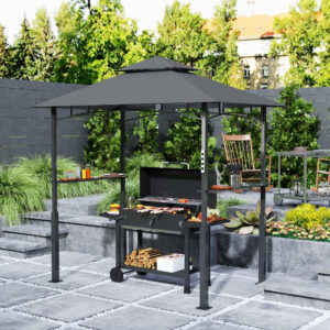 Grillpavillon med LED 243 x 148 x 248 cm vandtæt flammehæmmende havepavillon med dobbelt tag, sidehylder, havepergolaer med UV-beskyttelse, grillpavillon af metal grilltelt til festgrill grå