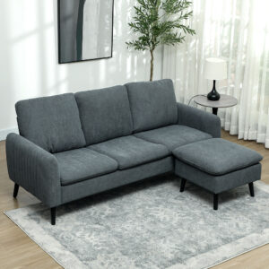 Hjørnesofa med sovesofafunktion, sofa med fodskammel, 3 pyntepuder, hjørnesofa L-formet sofa til stue, soveværelse, 196 x 140 x 88 cm, grå