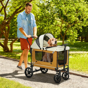 Hundeklapvogn, Sammenklappelig Hundeklapvogn til Hunde og Katte op til 30 kg, Katteklapvogn med Pude, Netvinduer, 2 Døre, Opbevaringspose, Katteklapvogn, Brun