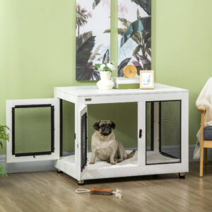 Hundebur med Bordplade, Hynde, 2 Døre, Hundehus, Hundekennel, Indendørs Hundebur, Sidebord, Hvid+Sort, 94 x 60 x 71,5 cm