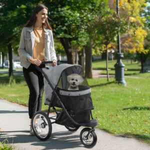 Hundeklapvogn Jogger Hundeklapvogn Sammenklappelig til Små Hunde og Katte op til 10 kg Katteklapvogn med 3 Store Gummihjul, Pude Netvinduer Opbevaringskurv Katteklapvogn med Sikkerhedsliner, Grå