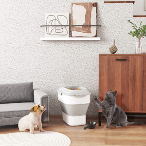 Hundefoderopbevaring, 25L, 44x32x37cm, foldbar, med 4-sidet låsesystem, hjul, skåle, målebæger, ske, plastik, grå