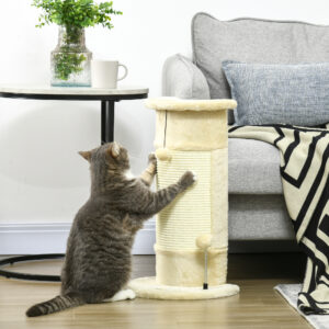 Kradsetræ til Katte med Legetøj og 2 Bolde, Lavet af Sisal og Blød Plys, 34 x 25,5 x 58 cm, Ideel til Små Katte i Cremehvid