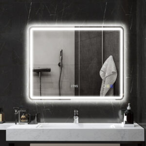 Badeværelsesspejl med Belysning 70x90 cm LED Spejl Vægspejl med Bluetooth Musikfunktion Ur Touch Switch Hukommelsesfunktion Oplyst Spejl Dugfrit med 3 Lysfarver Sølv