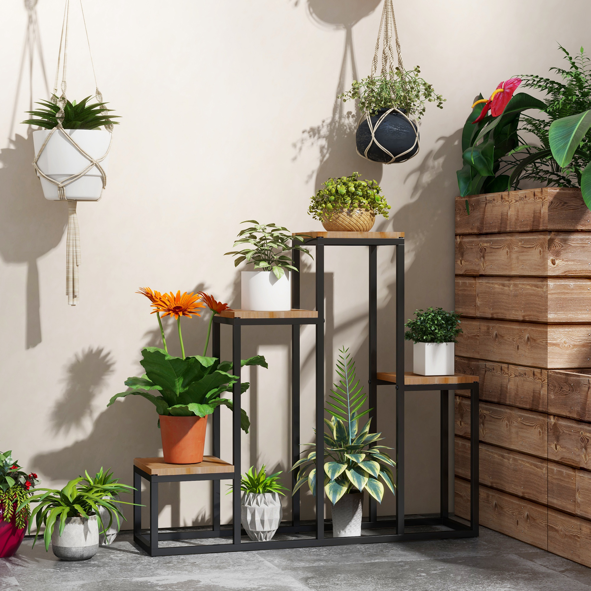 Plantestativ Blomsterhylde 4-etagers plantetrappe til balkonhave lysebrun 80 x 20 x 74 cm Robust træblomsterstativ