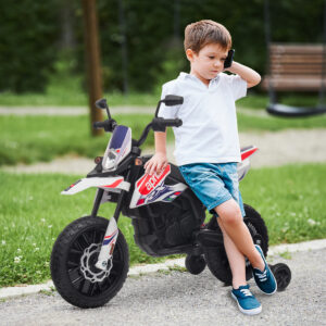 El-motorcykel til børn, 12V børnemotorcykel med musik, 6 km/t børnekøretøj med aftagelige støttehjul, 12-tommer plastikdæk, til 3-8-årige, maks. 30 kg, hvid