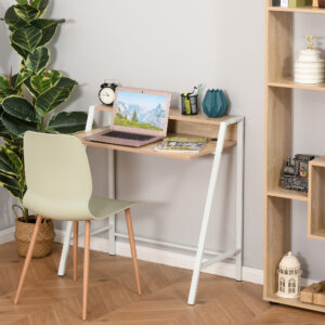 Skrivebord Moderne Computerbord med Opbevaringsrum & Kabelhåndtering Metalramme Hvid Eg 84x45x85cm til Hjemmekontor & Studieværelse