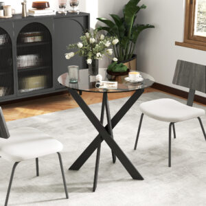 Spisebord, rundt køkkenbord til 4 personer, spisebord med stålben, bordplade i hærdet glas, til spisestue, køkken, Ø70 x 75 cm, moderne design, sort+transparent