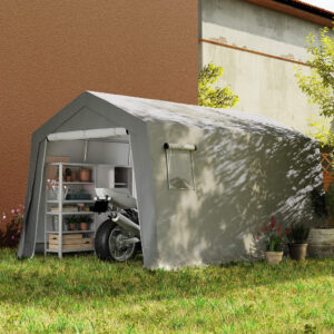Redskabsskur med gavltag, vandtæt redskabstelt med døre, vinduer, støvsikker cykeloverdækning, folieredskabsskur, cykelgarage til terrasse, have, 300 x 447 x 255 cm, lysegrå